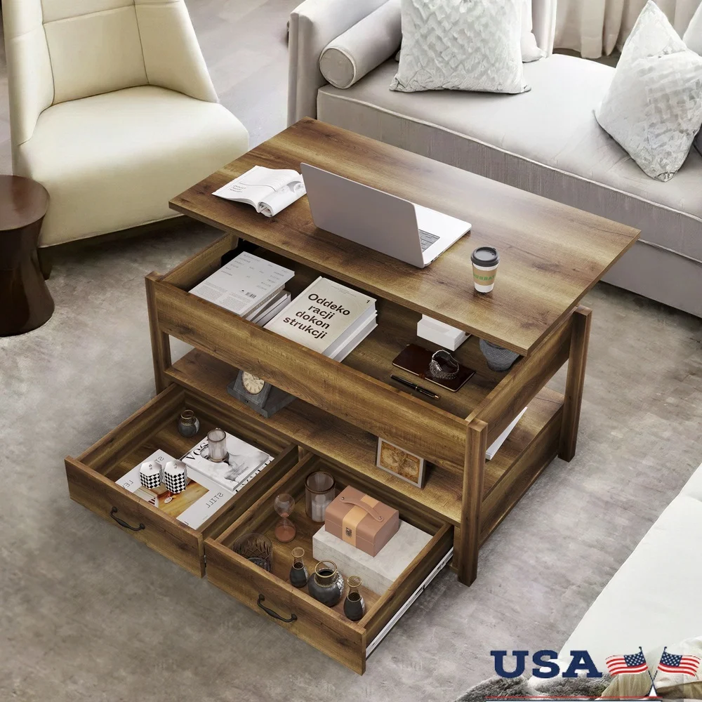 Lift Top Coffee Table with Storage Drawers Rustic Design Living Room Office Easy Assembly Durable Water-Resistant Wood Composite
