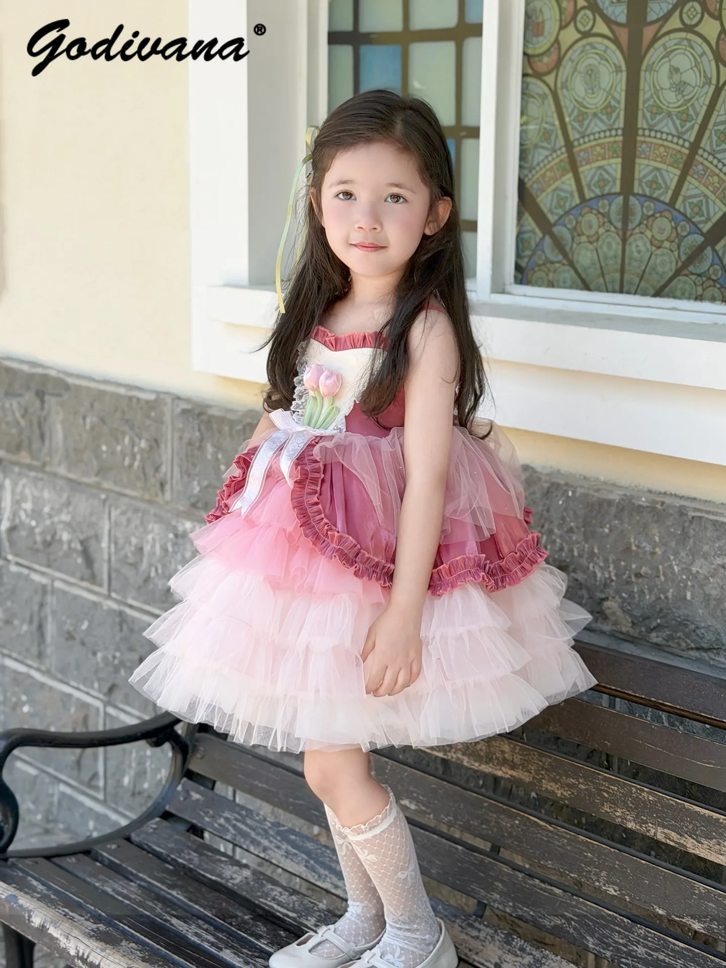 Original Sweet Baby Girls Floral Tutu Lolita Birthday Dress Kids 2026 New Summer Mesh Sleeveless High Waist Lace Ruffle Gown