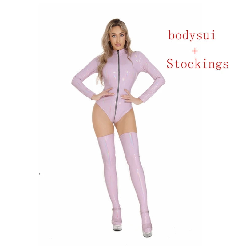 Women Zipper Latex Bodysuit Pink Shiny Leather Catsuit One-piece High-cut Bodycon Tights Jumpsuit Club Stage Pole Dance Suit