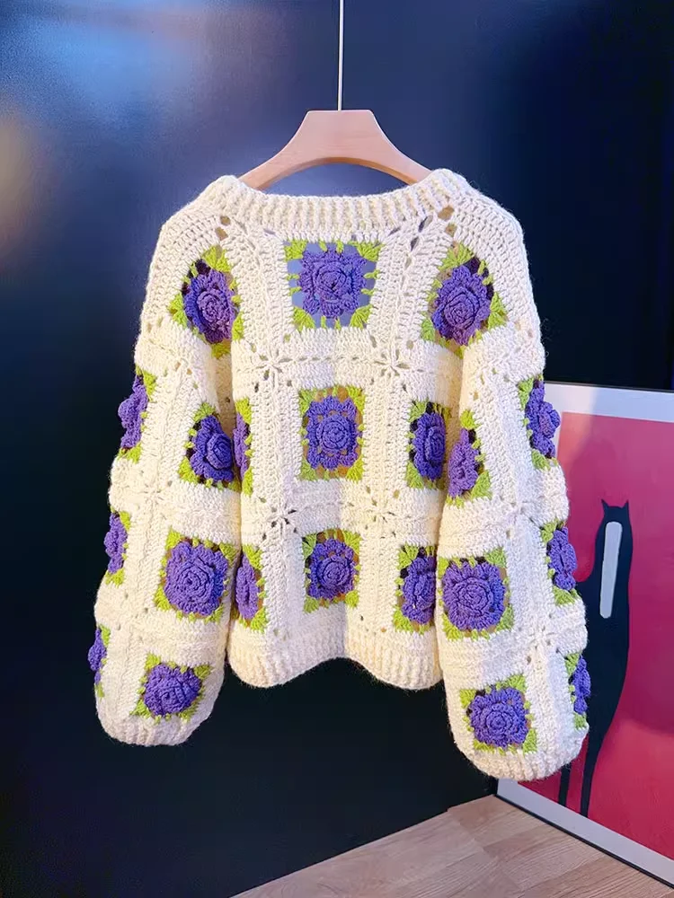 Women's V-neck Handmade Crochet Three-Dimensional Rose Pattern Hollow Wool Bland Sweater Cardigan