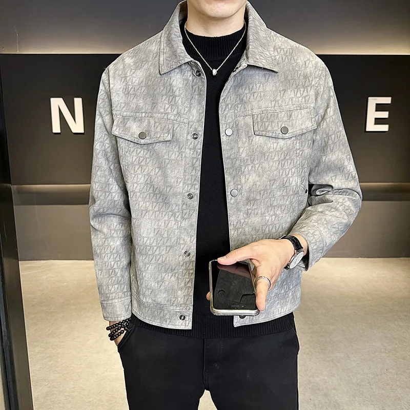 

Men's Slim Fit Leather Jacket Collared Short Style Versatile Casual Fashion Outerwear Polyester Fiber Long Sleeve Autumn Wear