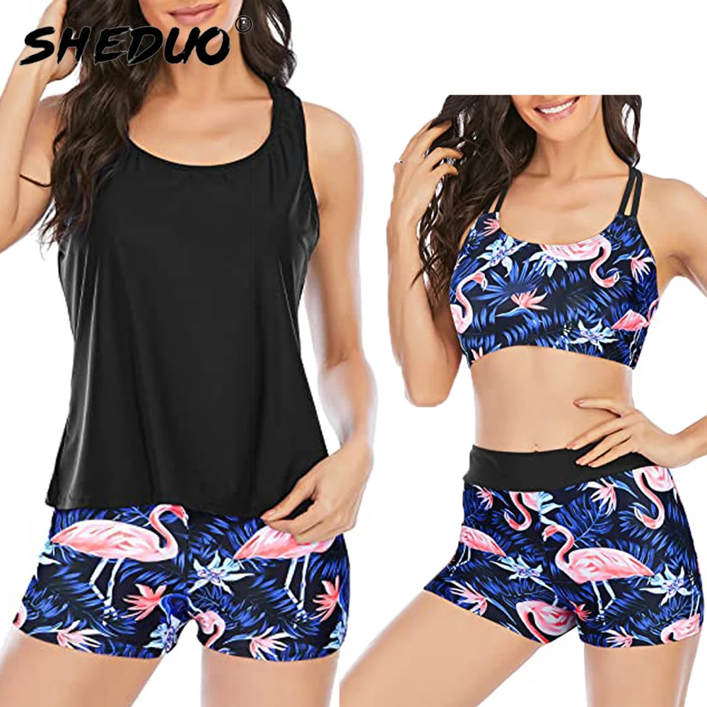 3 Piece Swimsuits for Women Athletic Tankini Teen Bathing Suit Tummy Control Swimwear Modest Bodysuit with Boy Shorts XLTop Wear