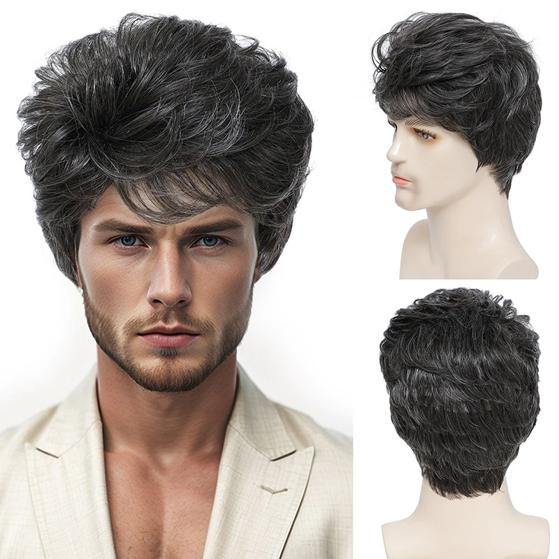 

New European and American men's wigs, black- short hair, fashionable side-parted style, gray high-temperature syntheti