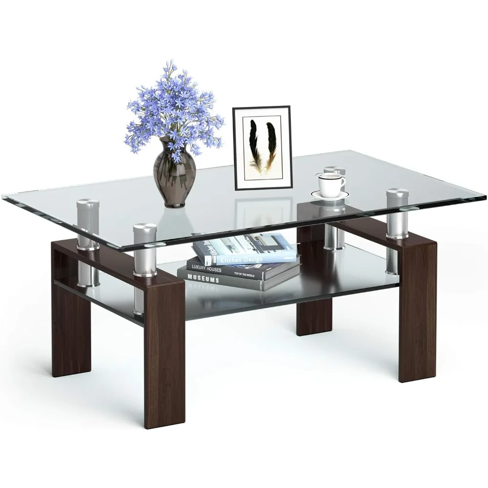 Rectangular Glass Coffee Table, Modern Side Table with Lower Shelf, Tempered Glass Top and Metal Legs