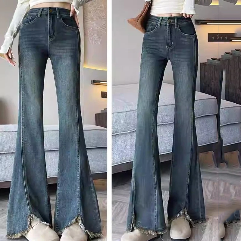 Retro Blue High Waist Flare Pants for Women Summer New Rough Edge Slim Long Jeans Ladies Fashion Pocket Decor Full Denim Pants