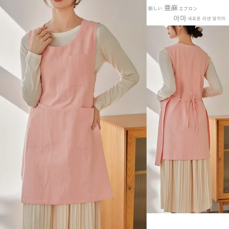 Round Neck Linen Apron Two Side Straps and Anti Fouling Work Clothes Suitable for Preschool Teachers and Caregivers