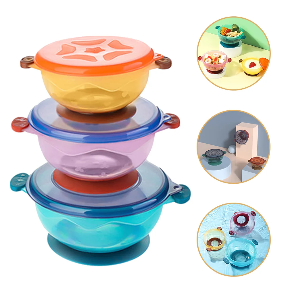 3 Pcs with Cover Toddler Bowl Suction Child Baby Bowls Lid Tableware 13x13cm Pp Lids