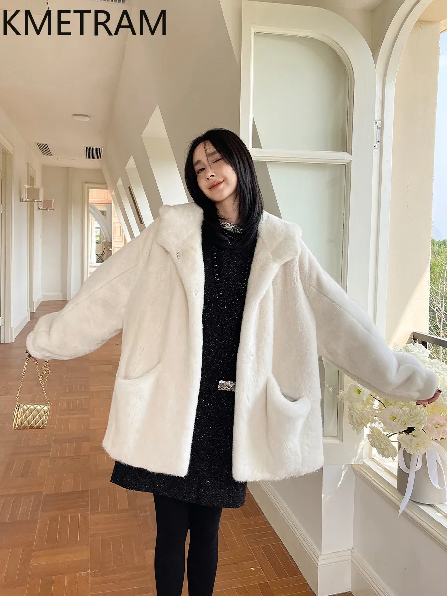 KMETRAM 100% chaqueta de piel de visón entera para mujer, abrigo de piel de visón auténtica de longitud media de alta calidad, ropa de invierno con capucha para mujer 2026 Fourrure