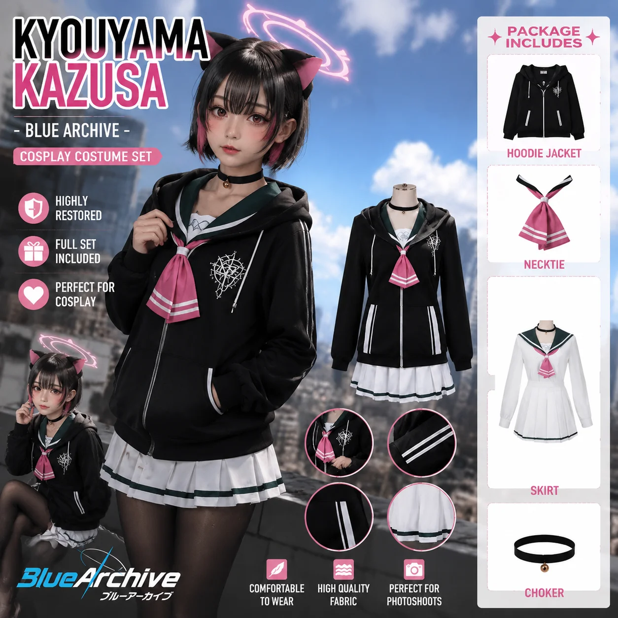 blue-archive-the-animation-kyoyama-kazusa-costume-cosplay-felpa-con-cappuccio-cappotto-gonna-da-marinaio-donna-kawaii-set-per-giochi-di-ruolo-halloween