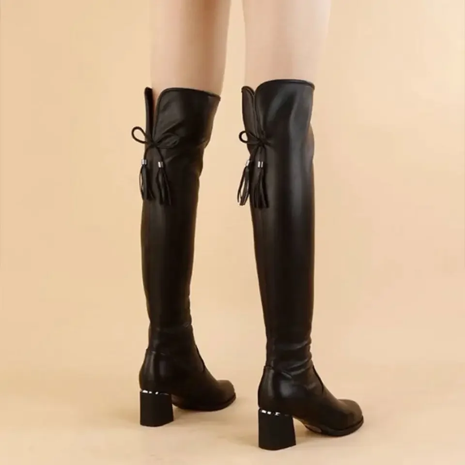 Botas elásticas de cuero para mujer, botines largos de felpa con tacón grueso por encima de la rodilla, sin cordones, para otoño e invierno, novedad de 2024