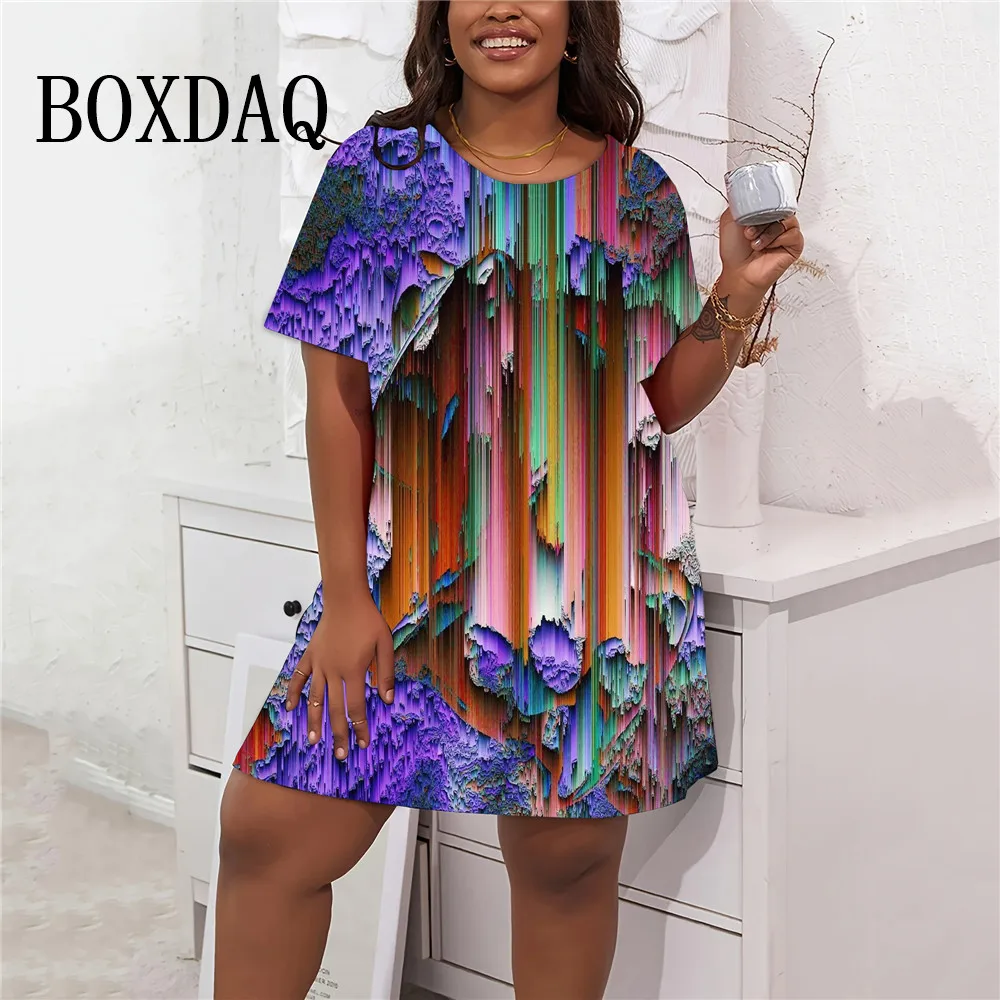 

9XL Plus Size 2024 New Summer Dress Women Abstract Gradient Pattern 3D Print Loose Dress Casual Short Sleeve A-Line Mini Dresses