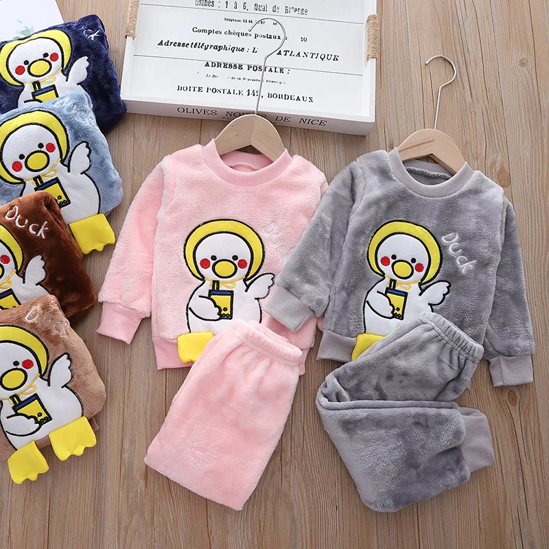 Baby Boys Girls Clothing Set Thicken Fleece Children Pullover Outerwear Tops Pants 2PCS Outfits Kids Toddler Warm Costume Suit