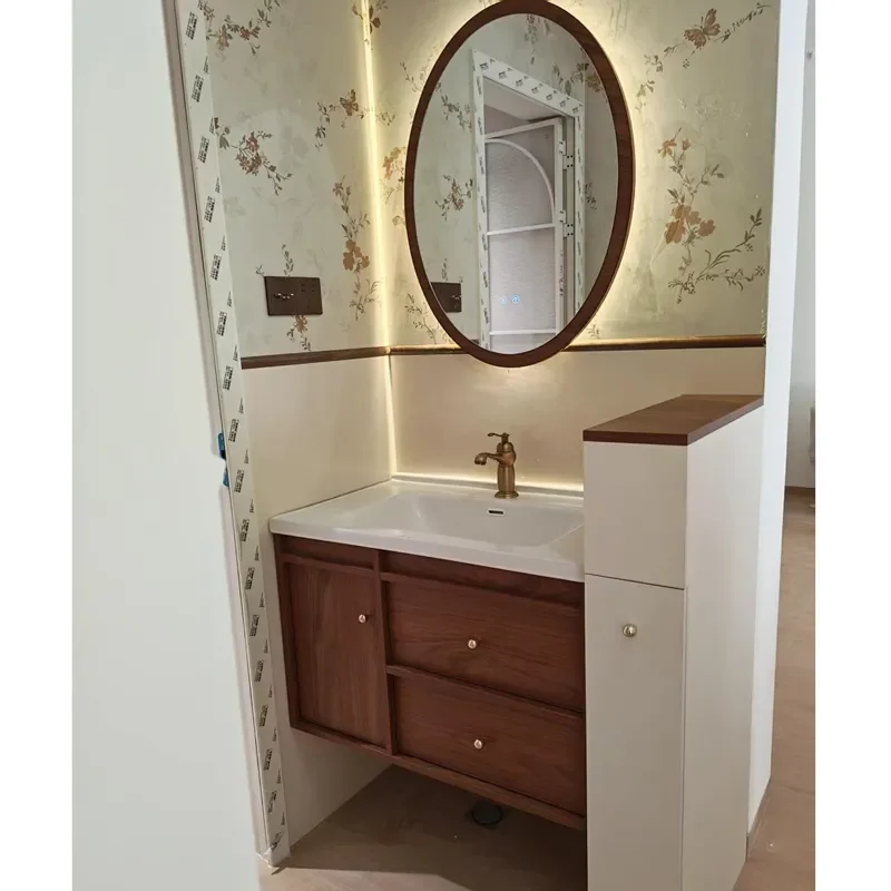 for Medieval Style Bathroom Cabinet with Ceramic Integrated Basin Small Apartment Half Wall Washstand with Pull Basket