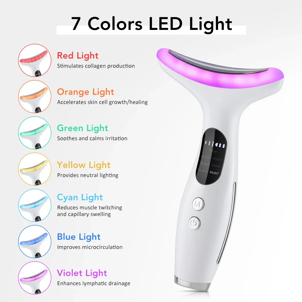 เครื่องนวดหน้าและลำคอ 7 สี LED พร้อมระบบสั่นสะเทือน ช่วยลดเหนียง ลดริ้วรอย ยกกระชับผิวหน้า
