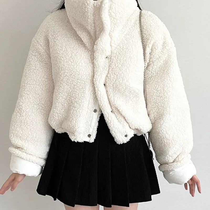Lamb Fur Patch Lapel Down Jacket for Women in Short Style, Double-sided Wear, Cotton Fabric, Winter New Design, Thickened Coat