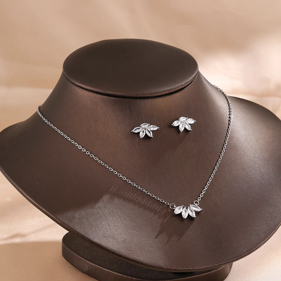 ZAKOL Sliver Color Simple Shiny Zirconia Round Imitation Pearl Earrings and Necklace Set for Women Exquisite Jewelry Gift