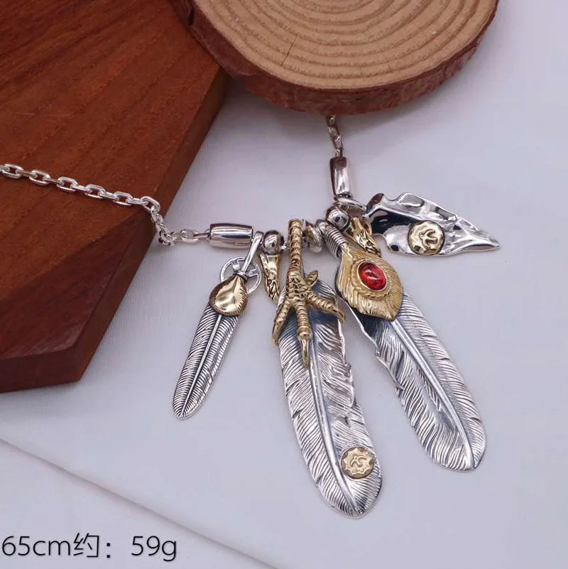 

Japan and South Korea Chaopai 925 Sterling Silver Wulang Vintage Eagle Claw Feather Necklace Pendant Net Red Star Men's and Wome