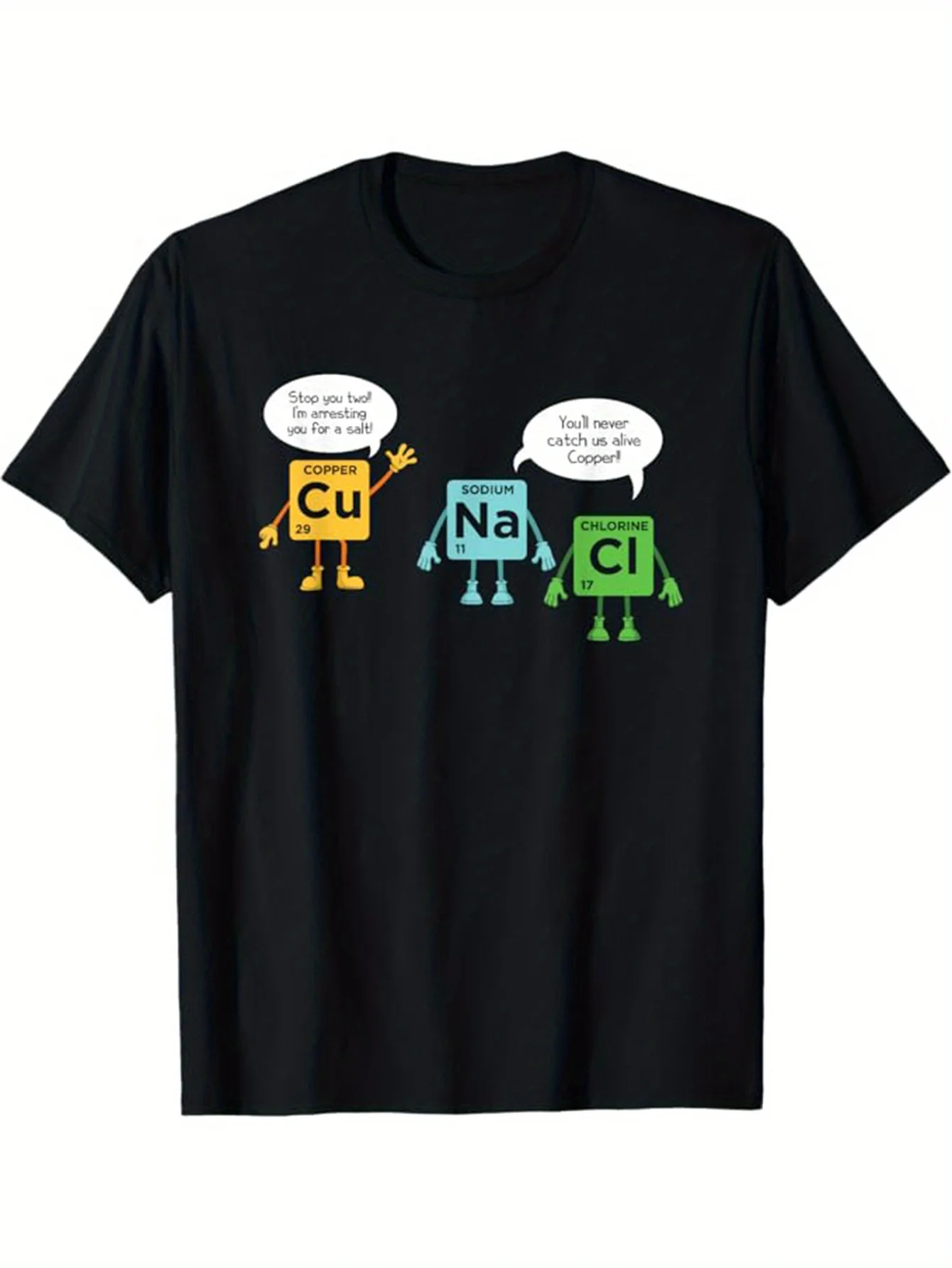 T-Shirt 100% Pure Cotton, Loose Fit, Round Neck, Short Sleeves, Featuring Copper and Sodium Atom Design, Science-Themed Casual Shirt Suitable for Everyday Wear, Gift, Black, for Science Fiction Enthusiasts, Geometric Pattern Top, Comfortable Material, Durable, Printed Design