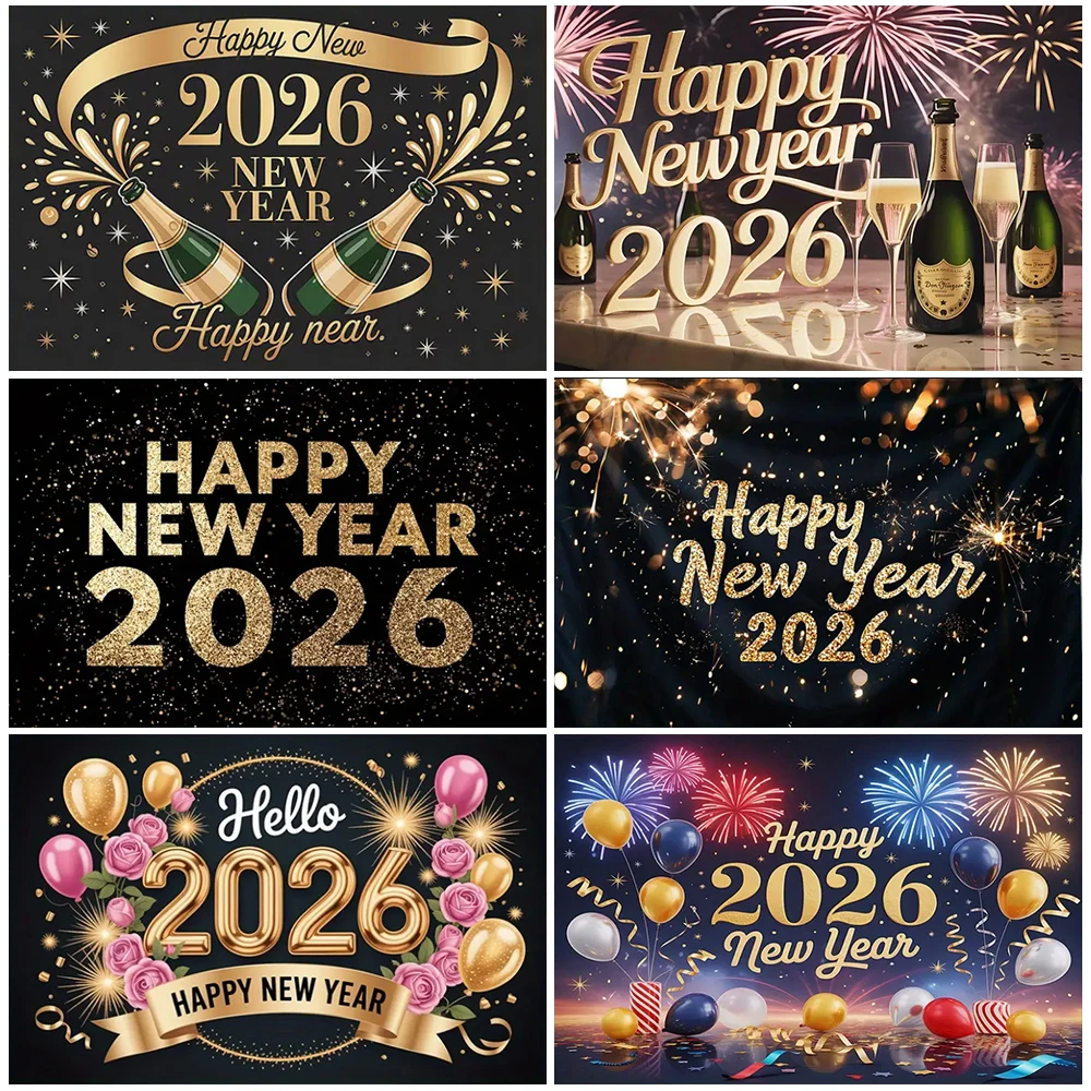 

Black Gold 2026 New Year Party Decorations Happy New Year Backdrop Champagne Golden Ribbon Photography Background Party Supplies
