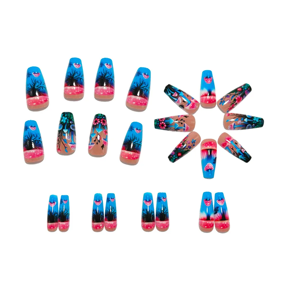 Medium fake naisl for women girls Y2K gradient blue pink butterfly mushroom flora for spring summer press on acrylic false nail image 5