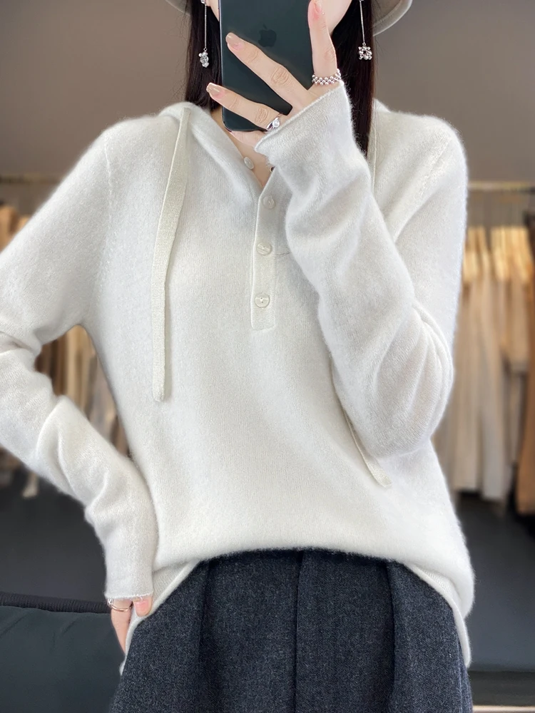 Addonee Women\'s Autumn Sweater Casual Hoodie 100% Merino Wool Long Sleeve Soft Cashmere Knitted Pullover Female Clothing Korean