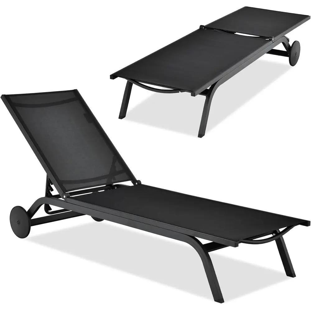

6-Position Adjustable Outdoor Patio Chaise Lounge, Portable Pool Sunbathing Chair with Wheels, Black