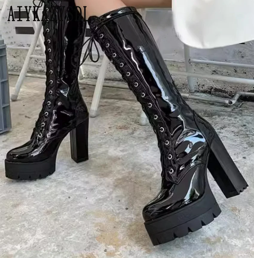 

AIYKAZYSDL Ultra Very High Heel Patent Leather Glossy Boots Women Platform Thick Block Heel Ridding Knight Booties Botas Mujer