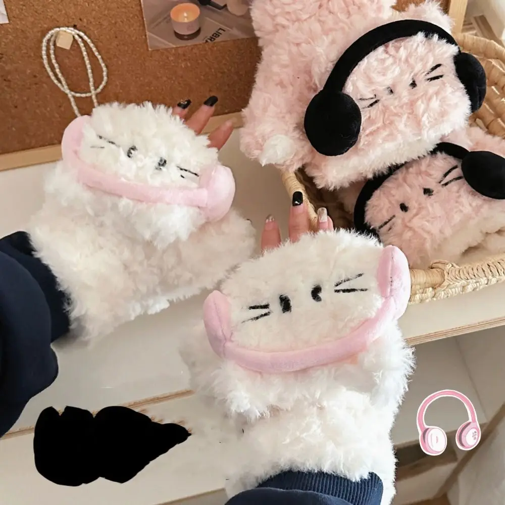 Confortável gato metade dedo luvas à prova de vento flip inverno pelúcia earmuffs aquecedores de orelha manter quente luvas sem dedos ao ar livre