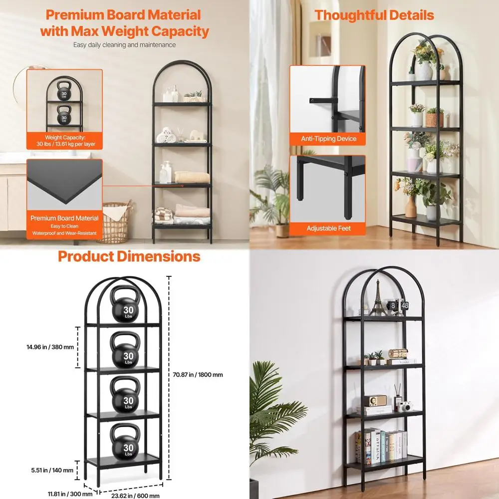 

Металлическая книжная полка, 4-уровневая арочная промышленная книжная полка, небольшой винтажный книжный шкаф для хранения в деревенском стиле с открытыми полками, отдельно стоящий дисплей