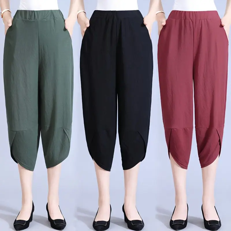 

Women Summer Simplicity Loose Solid Color Fashion High Waist Cropped Pants Women Clothes Casual All-match Large Size Bloomers