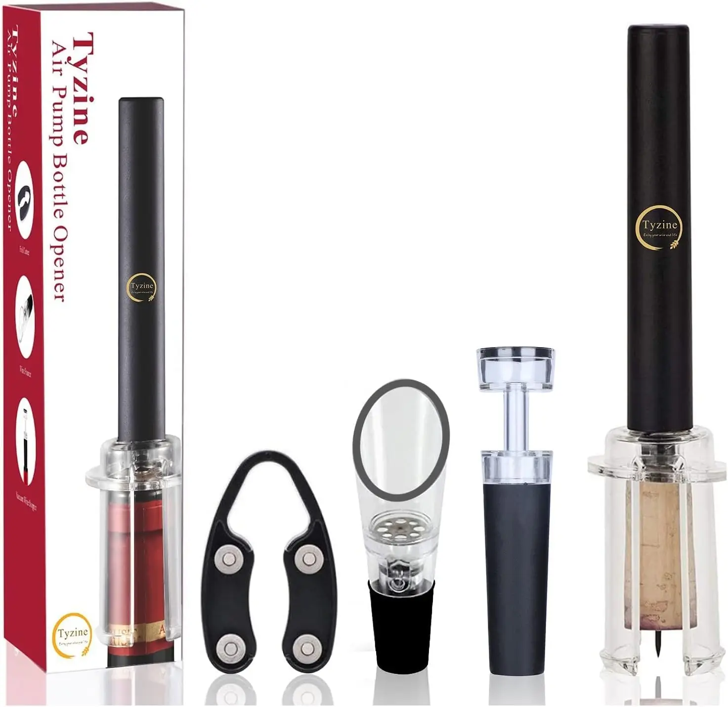 

Открывалка для бутылок с насосом давления воздуха с резаком для фольги, разливкой аэратора, вакуумной пробкой (4 шт.), простой съемник пробки, эффективный штопор