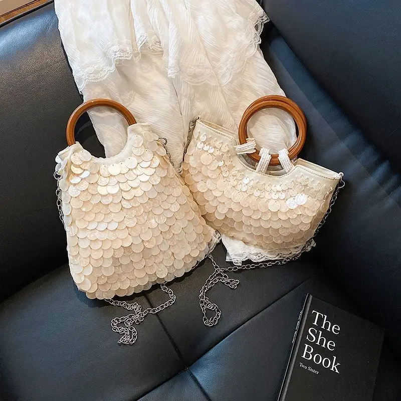 

Luxury Shell Sequin Evening Bag Wooden Ring Handle Handmade Crossbody Purse Women Elegant Detachable Chain Strap Bag
