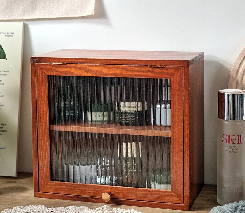 

Wooden Double Layer Storage Cabinet Desktop Tableware Cosmetics Perfume Organizer Rack Flip Door Display Case Kitchen Furniture