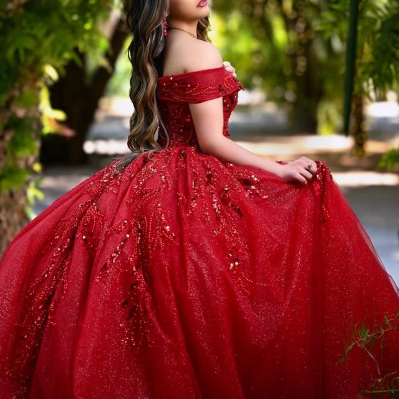 

Red Sparkly Quinceanera Dresses Sequin Applique Beading Sweet 16 Dress Birthday Party Ball Gown Lace Up Vestidos De 15 Quinceañe