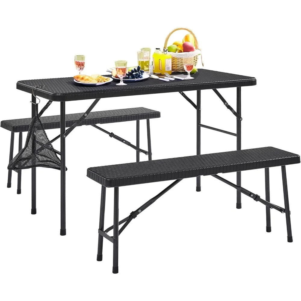 3 Piece Folding Picnic Table with 2 Benches, 47.2 Faux Rattan Patio Set with Mesh Bag, Heat-Resistant & Waterproof, for Indoor