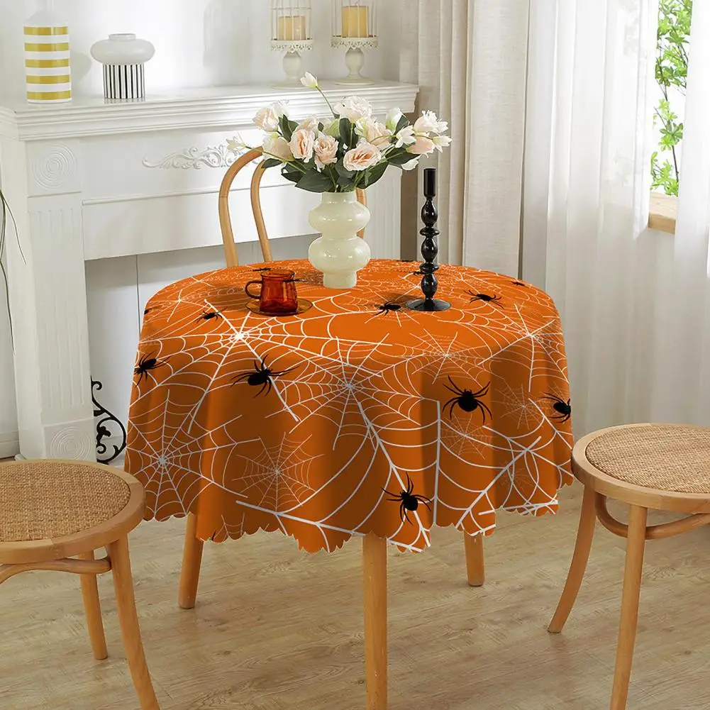 Halloween Table Cloth Spider Web Pumpkin Witch Print Flower Edge Round Shape Table Protection Banquets Party Decor Tablecloth