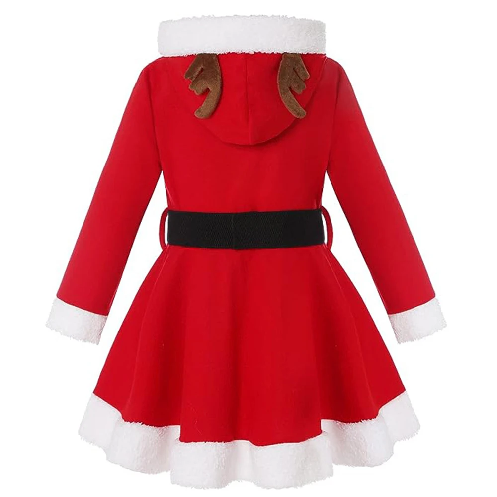 New Christmas Elk Hooded Long-sleeved Dress With Belt Xmas Lady Cosplay Costume Faux Fur Winter Women And Girl Sweet Red Dresses