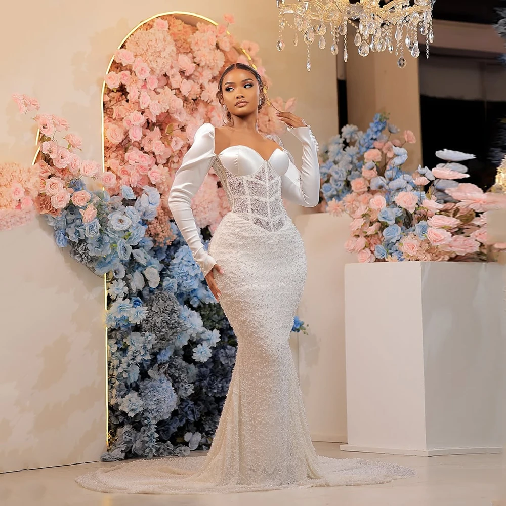 

Customized Luxury Wedding Dresses Long Sleeve Black Girls Beaded Mermaid Satin Sweetheart Sexy Bride Party Gowns Customized