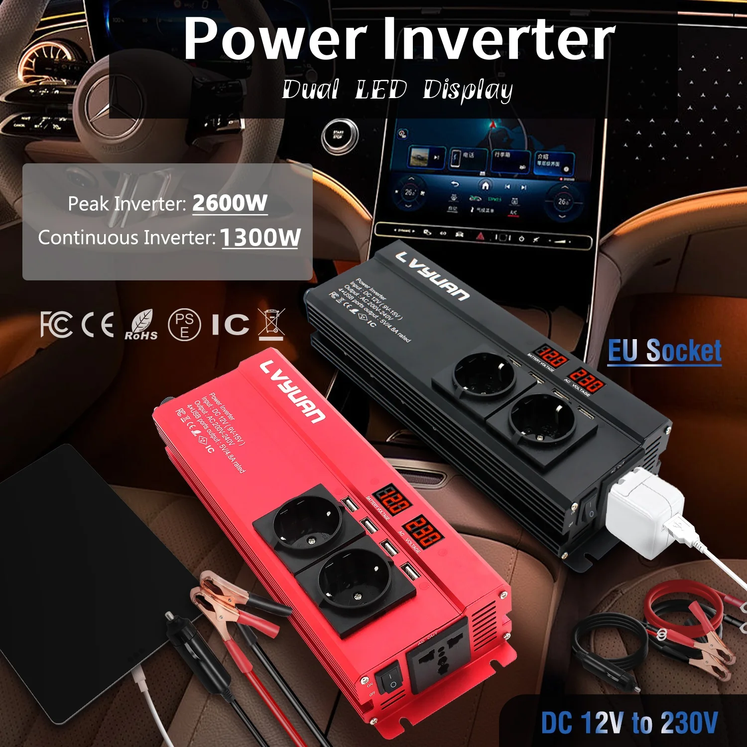 Imagem -06 - Inversor de Energia do Carro com Soquetes 2600w Inversor para Acampamento ao ar Livre e Barco Conversor de Bateria tipo dc 12v 24v 220v ac 110v