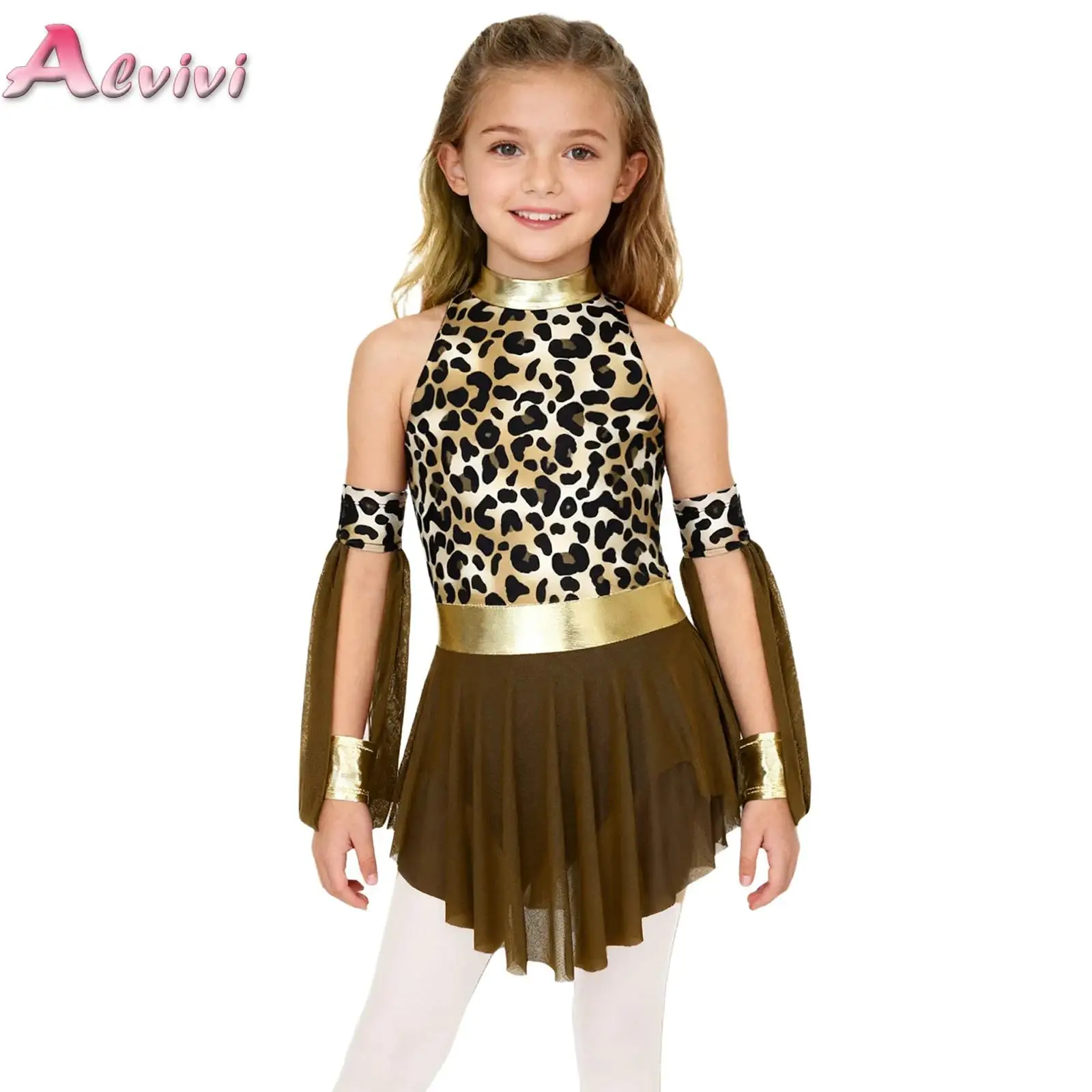 

Children's Prehistoric Cave Costume Leopard Print Savage Caveman Primitive Mesh Dress with Oversleeves Halloween Indian Clothing