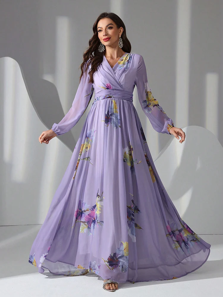 

TOLEEN-Women Casual Elegant Party Dress, Holiday Long Dresses, V-Neck Lantern Sleeve, High Waist, Floral Print, New Summer 2024