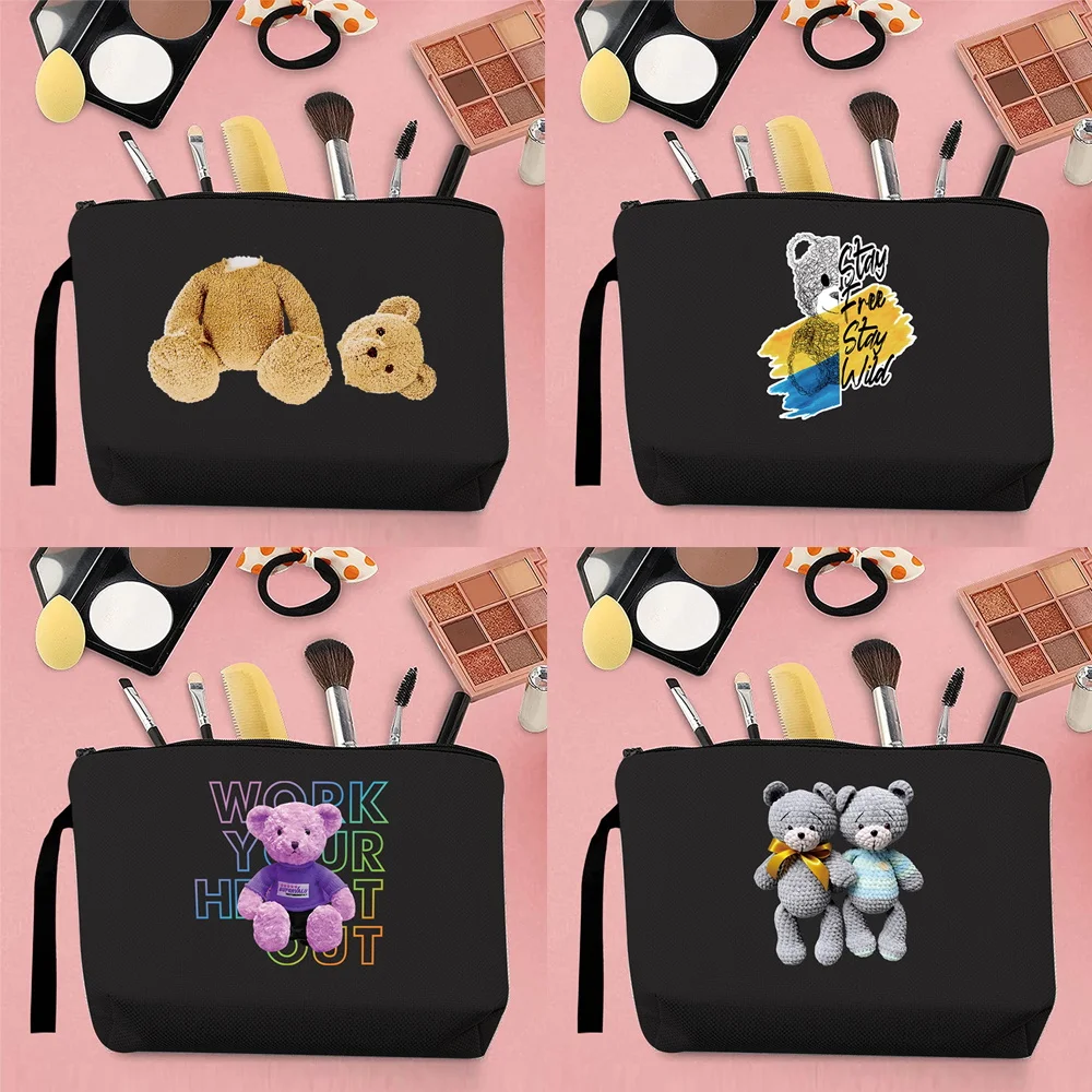 

Hot Selling Women Cosmetic Bag Cute Teddy Bear Pattern Print Outdoor Commuter Travel Canvas Black Storage Change Clutch Bag