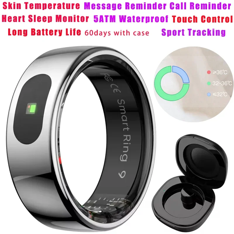 

Умное кольцевое измерение температуры кожи, напоминание о вызове, монитор сна для спортивного здоровья, кольца IP68 5ATM с чехлом для мужчин и женщин