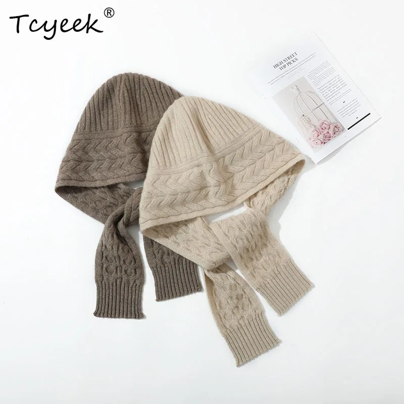 

Tcyeek 100%Cashmere Hat Scarf Women's Autumn Winter New Beanie Integrated Knitted Ear Protection Knitted Bonnet Cap A3N411QC