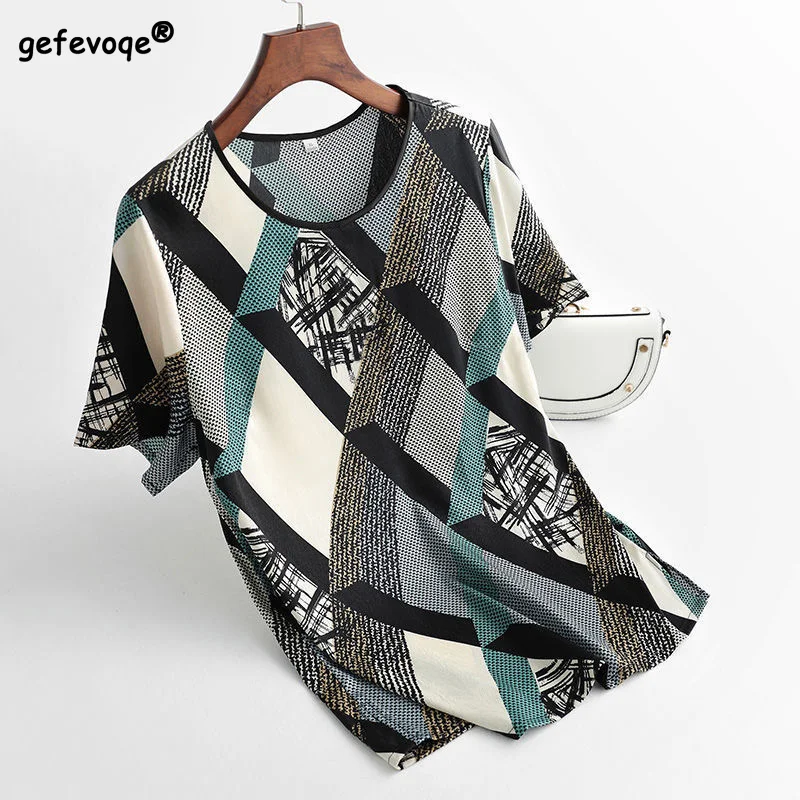 Creative Hipster Geometric Print Harajuku Short Sleeve T-shirt Tops Fashion Loose Summer Women's Clothing O-neck Comfortable Y2K