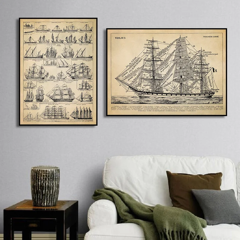 Póster de barco náutico antiguo, tabla de barco náutico, ilustración naval de estilo Vintage, pintura en lienzo, impresión de decoración del hogar