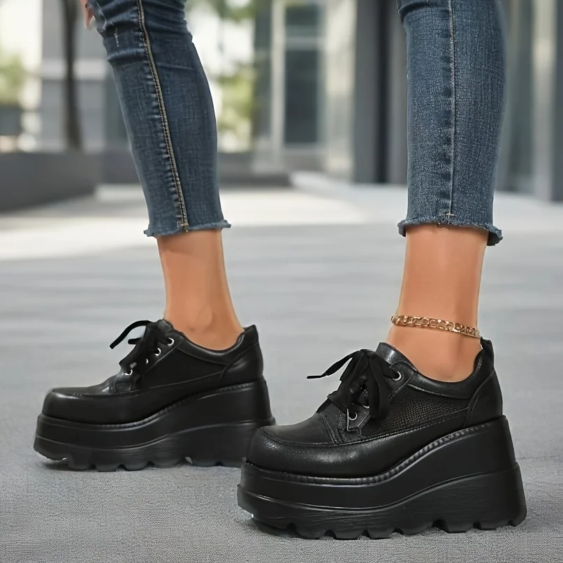 

Женские туфли-лодочки на высоком каблуке Y2K в готическом стиле, модные однотонные кроссовки на шнуровке с дышащей сеткой и толстой подошвой, повседневная удобная обувь на платформе