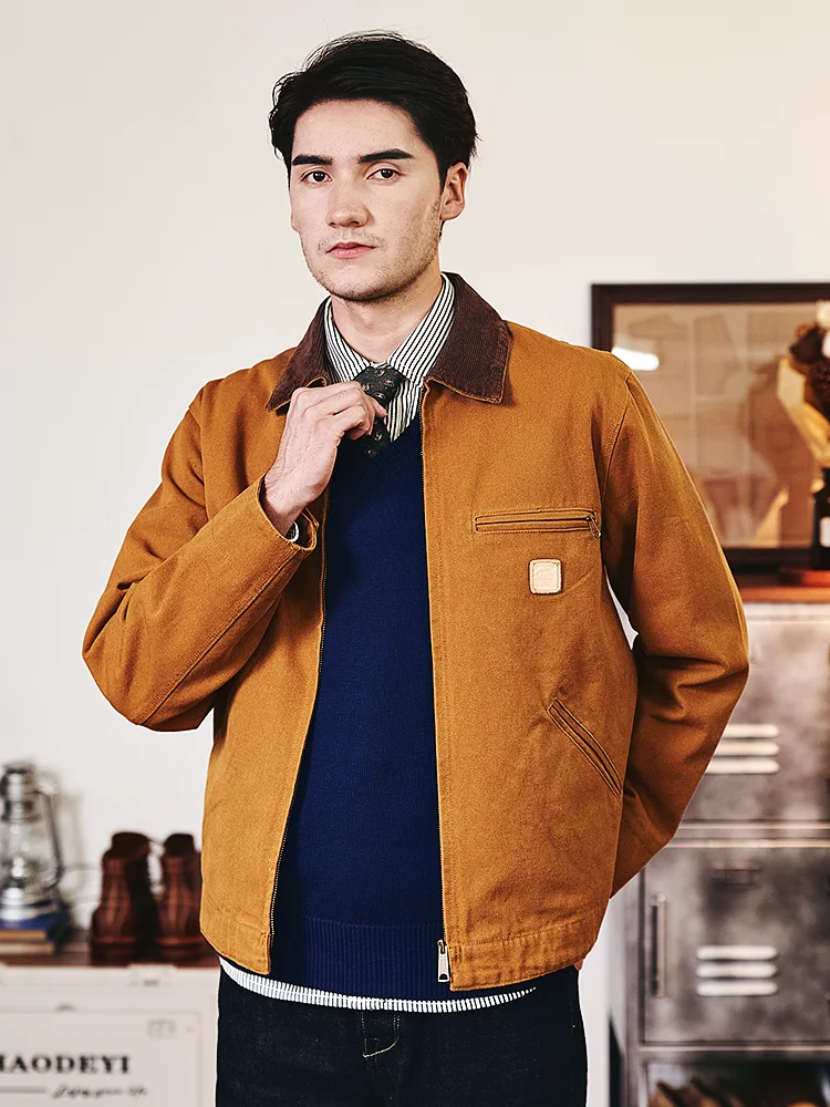 

American Retro Detroit Canvas Workwear Jaet Thi Outerwear Spring Autumn Zipper Closure Pure Color Faion Urban Sle