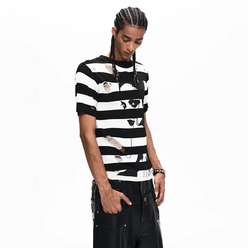 LUZHEN 2026 New Stripe Printed Color Contrast Design Short Sleeve T-shirts Men's Fashion Handsome Broken Hole Casual Tops JY6509