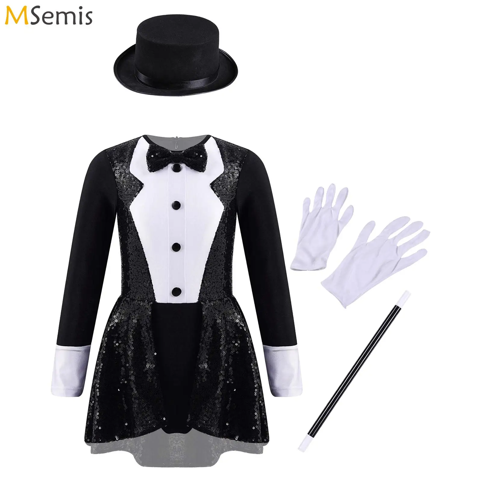 Girls Magician Costume Set Long Sleeve Bow Tie Sequin Leotard + Hat Magic Wand Gloves for Halloween Cosplay Dress Up Performance